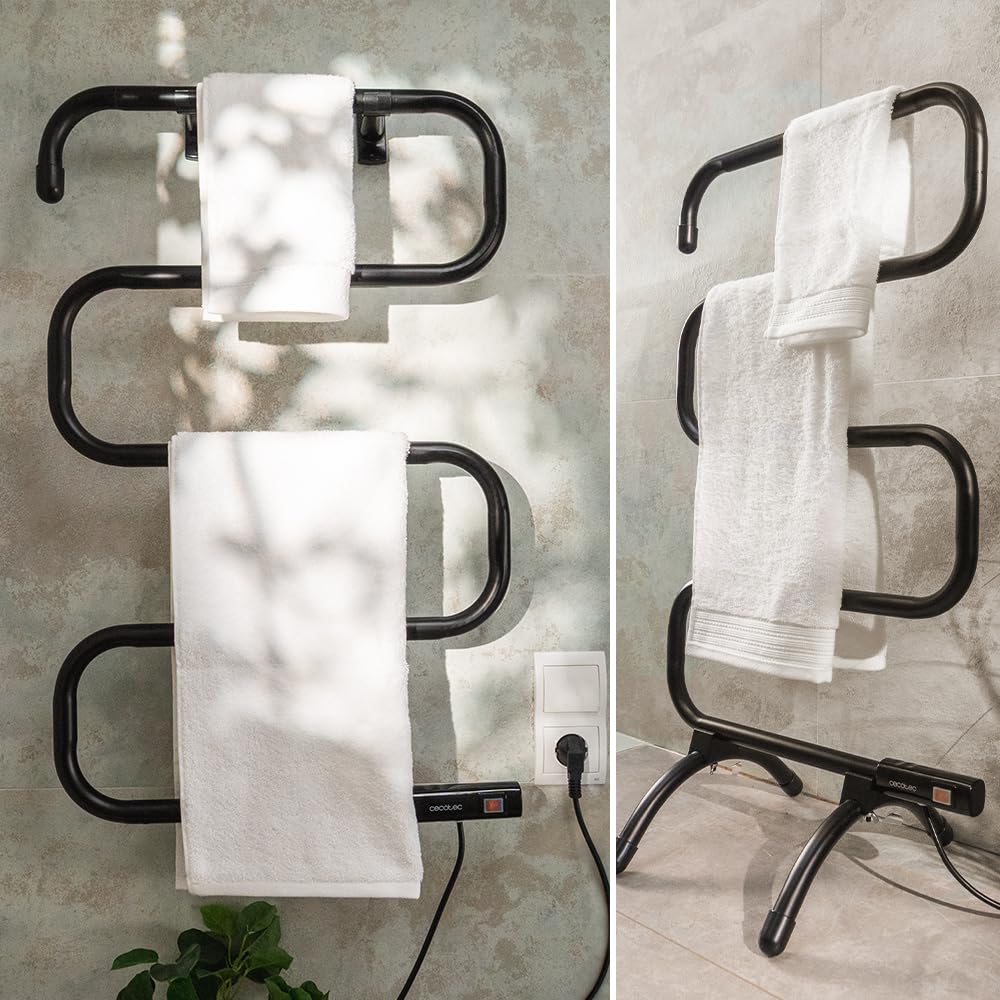 Cecotec Toallero Eléctrico -Bajo Consumo - ReadyWarm 5000 Towel Black. Seca Toallas 100W, Indicador de Luz, Sistemas de Seguridad, Protección IP24, Montaje en Suelo o Pared, Ideal para Baños