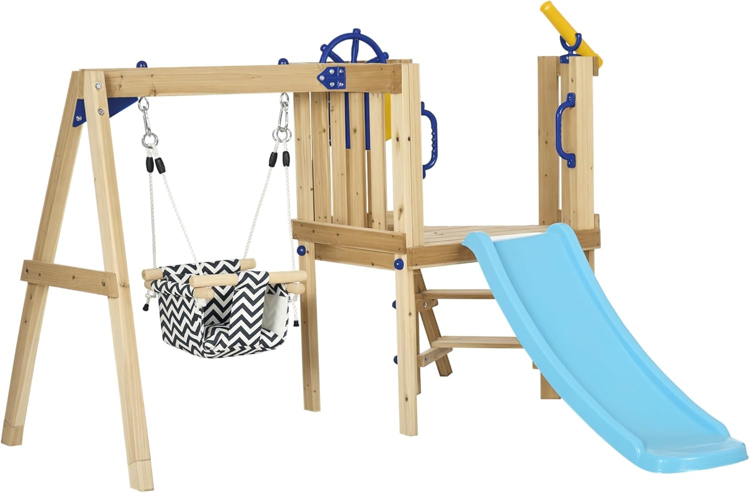 Outsunny Swing Set for Backyard, Wooden Toddler Outdoor Playset with Baby Swing Seat, Kids Slide, Fort, Playground Equipment with Captain’s Wheel, Telescope for Ages 1.5-4, Natural