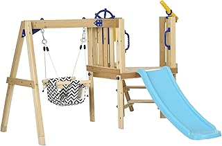 Outsunny Swing Set for Backyard, Wooden Toddler Outdoor Playset with Baby Swing Seat, Kids Slide, Fort, Playground Equipment with Captain's Wheel, Telescope for Ages 1.5-4, Natural
