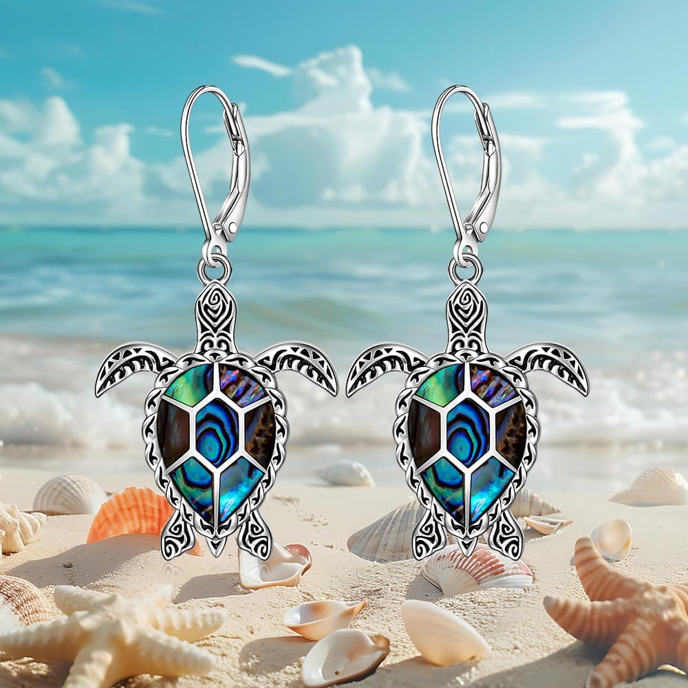 Sea Turtle Earrings Abalone Shell Turtle Earrings for Women Sterling Silver Turtles Leverback Drop Dangle Retro Hawaiian Jewelry - Image 8