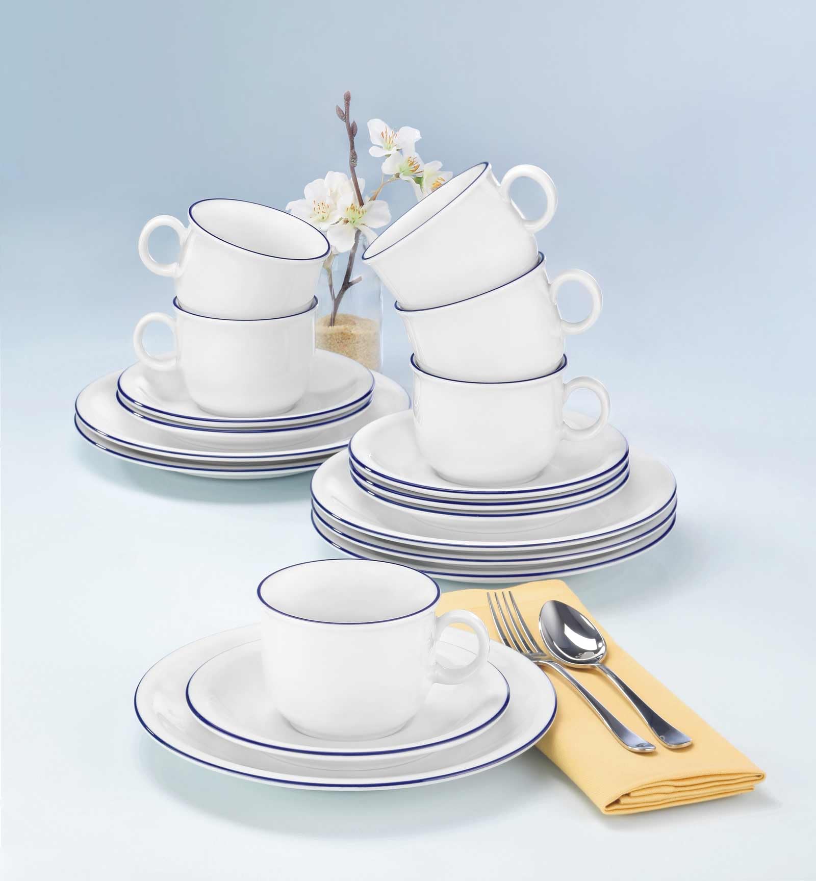 Seltmann Weiden Service à café 18 pièces | Série Compact Blaurand | Le lot comprend 6 assiettes à petit-déjeuner, 6 tasses à café et soucoupes chacune, bleu