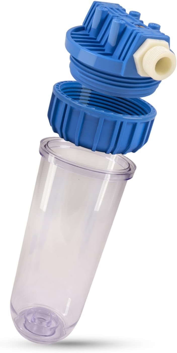 PureOne single filter housing, enclosure, 10 inch with 1 inch, 3/4 inch or 1/2 inch female port. Well water cistern, domestic water. incl. Double nipple and Teflon band for connecting further filter levels.