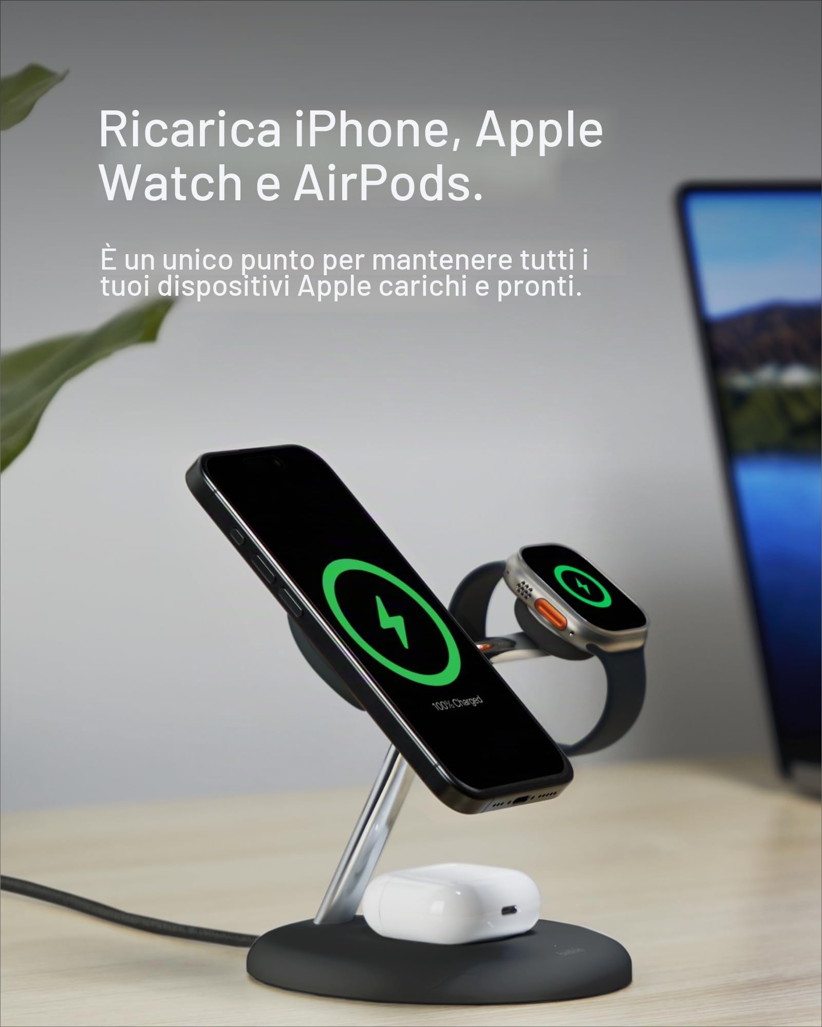Belkin BoostCharge - Supporto di ricarica wireless 3 in 1 con Qi2 15W, caricatore rapido compatibile con MagSafe per iPhone 17, Air, 16, 15, 14, 13, 12, PixelSnap, AirPods, Apple Watch (alimentatore