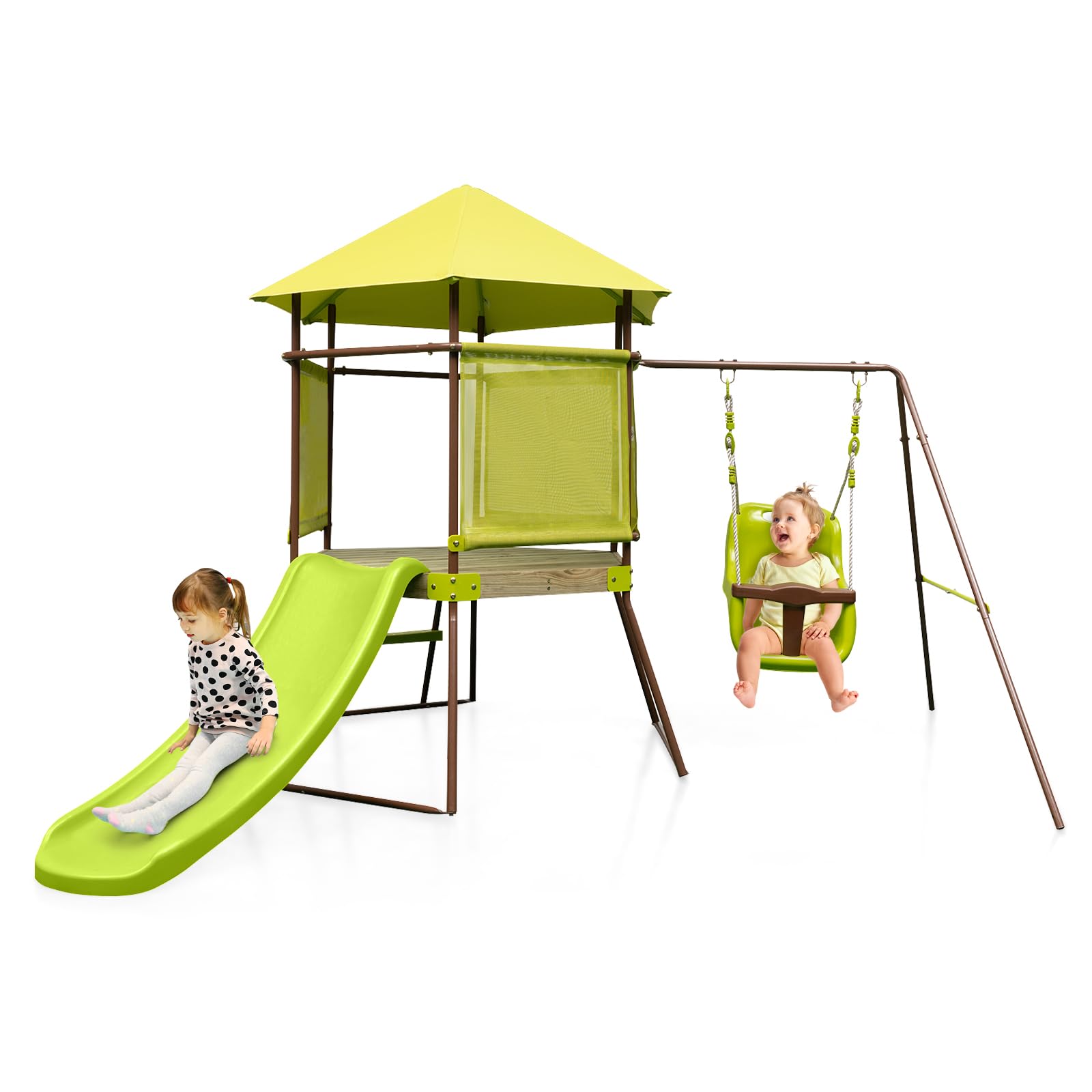 Maxmass Kids Swing and Slide Set, 4-in-1 Children Swing Set with Baby Swing, Slide, Playhouse Fort and Ladder, Outdoor Heavy-duty Metal Swing Frame Toddler Play Ground for Toddles Kids