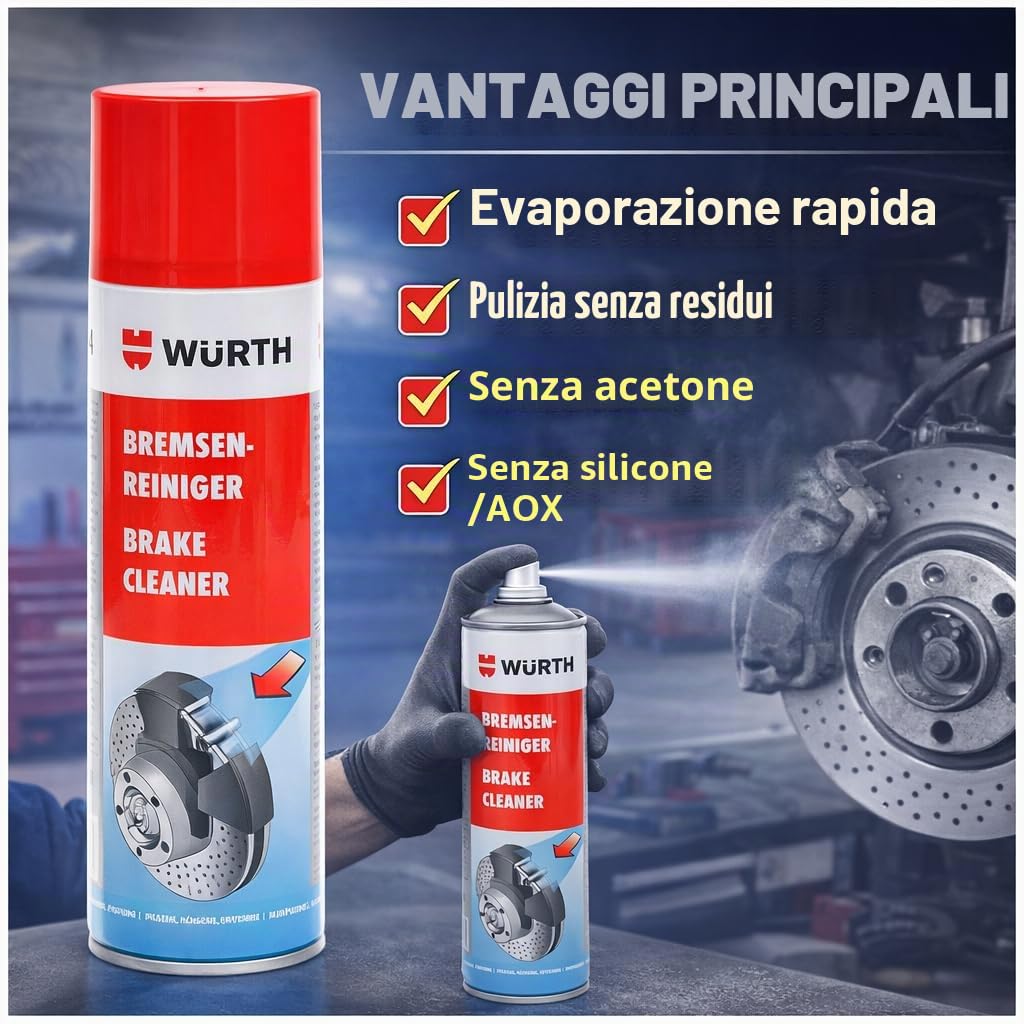 Wurth Detergente per freni, rimozione di grassi e rifiuti di olio, senza danni in plastica, ad asciugatura rapida, senza silicone, confezione da 4