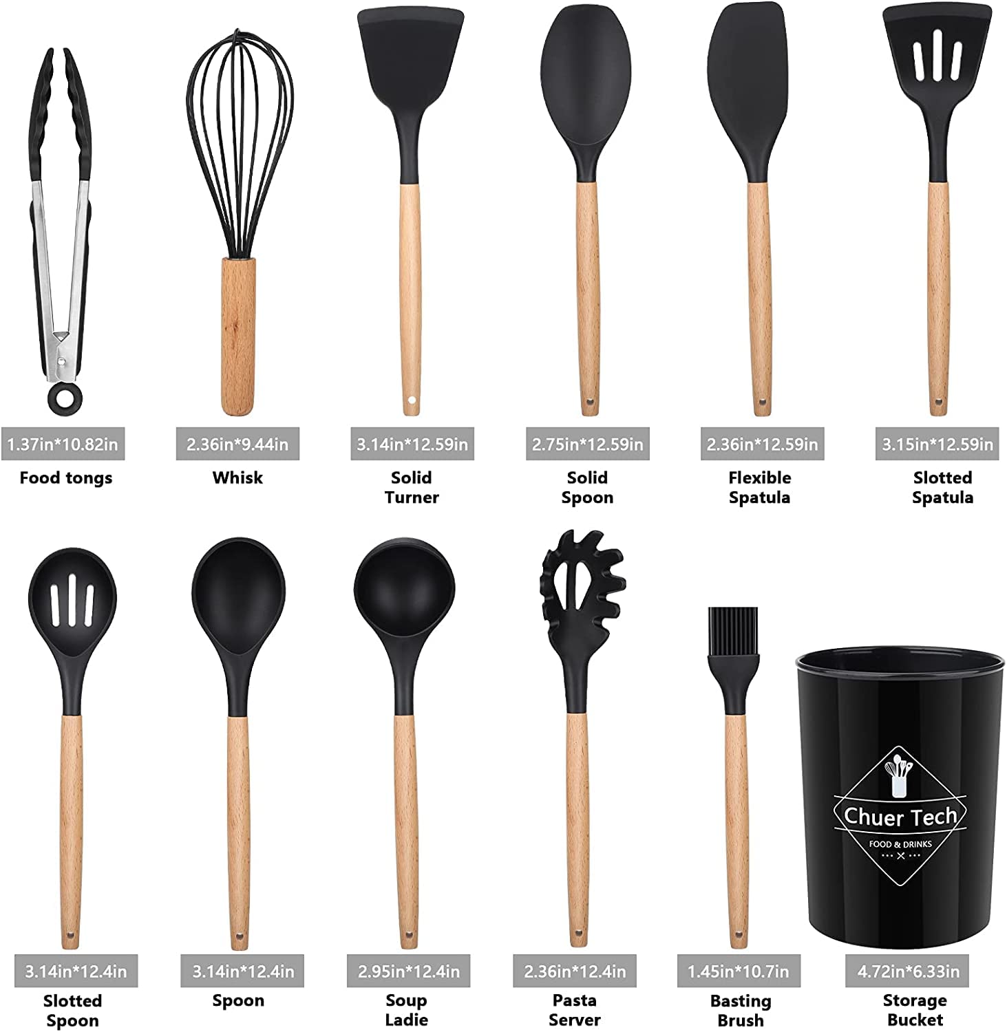 Juego de Utensilios de Cocina de Silicona, 12PCS, sin BPA, Herramientas Antiadherentes y Resistentes al Calor con Mango de Madera, Cuchara/Espátulas/Pinza
