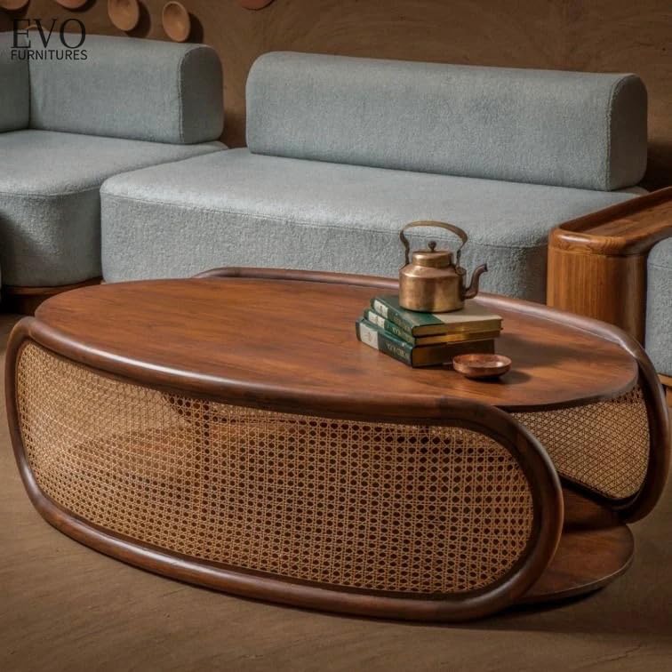 sheesham wood coffee table for living room | solid wood center table with cane rattan design | oval wooden tea table for home | 48 x 30 x 18 inches, 25 kg