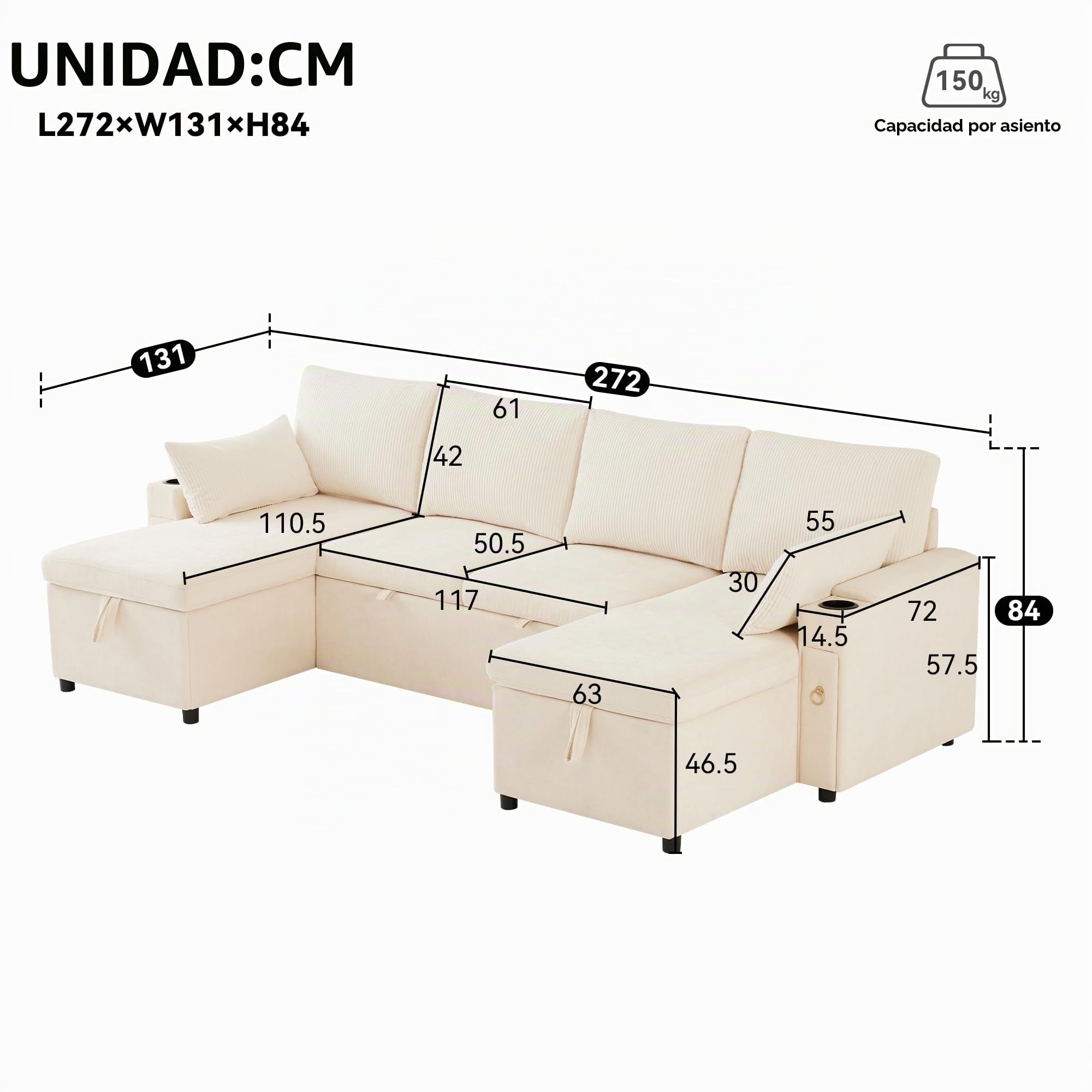 Sofá de esquina en forma de U de terciopelo acanalado con cama para invitados extraíble, sofá moderno de 4 plazas con compartimento de almacenamiento, portavasos y función de cama, asiento tipo chaise