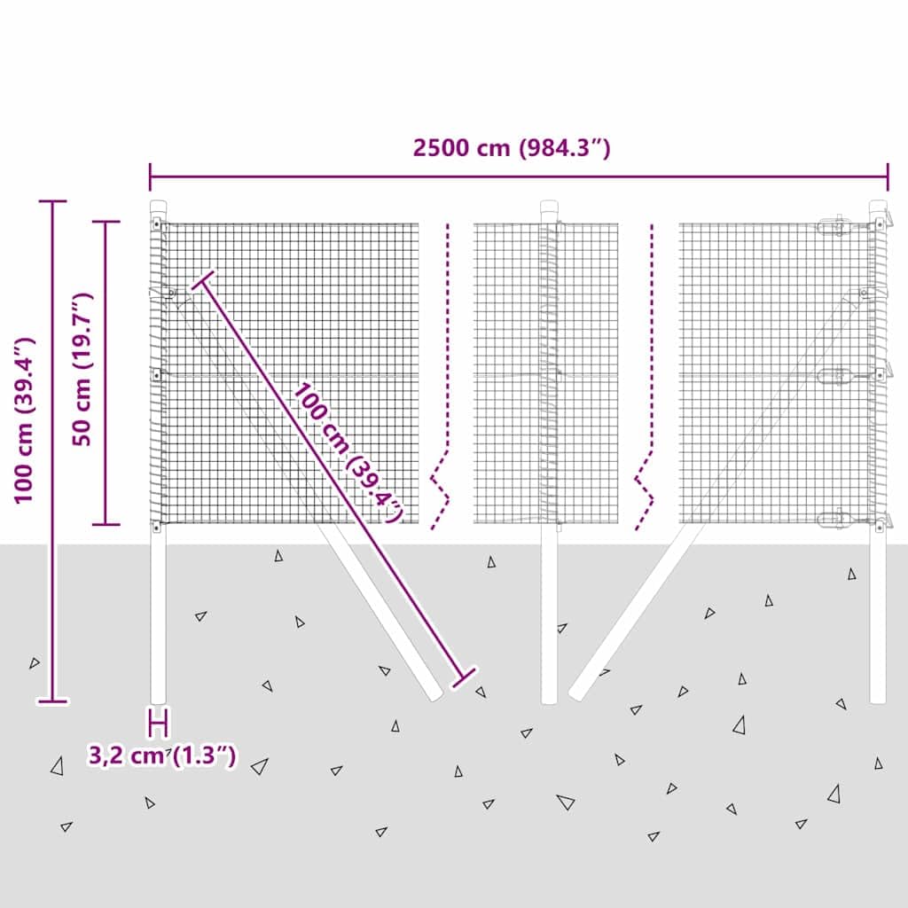 Filo saldato per recinzione, fissaggio a terra, 25 x 0,5 m, in acciaio zincato con 11 pali, per recinzione da giardino, protezione dal vento e protezione dagli sguardi indiscreti