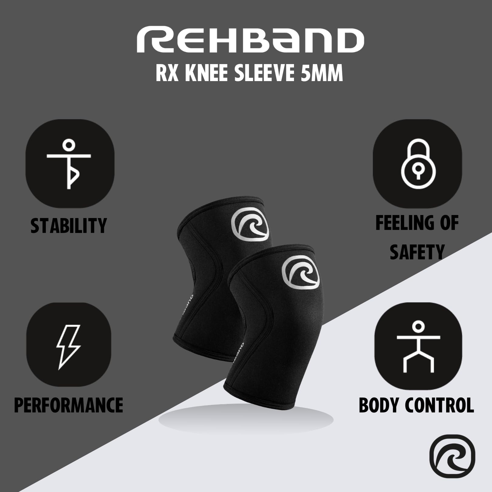 Rehband 5mm Benda per ginocchio Powersport, fascia per ginocchio per Cross Fit e allenamento pesante in neoprene, stabilizza le ginocchia