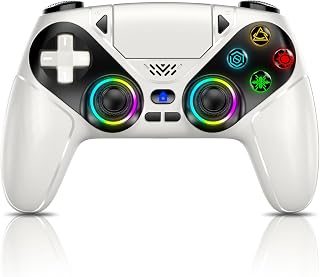Gamrombo Wireless PS5 Controller: LED Lights, Macro/Turbo, Dual Vibration, 6-Axis Gyro, Speaker & 3.5mm Jack - PS5 Pro/Slim/PC Compatible (White)