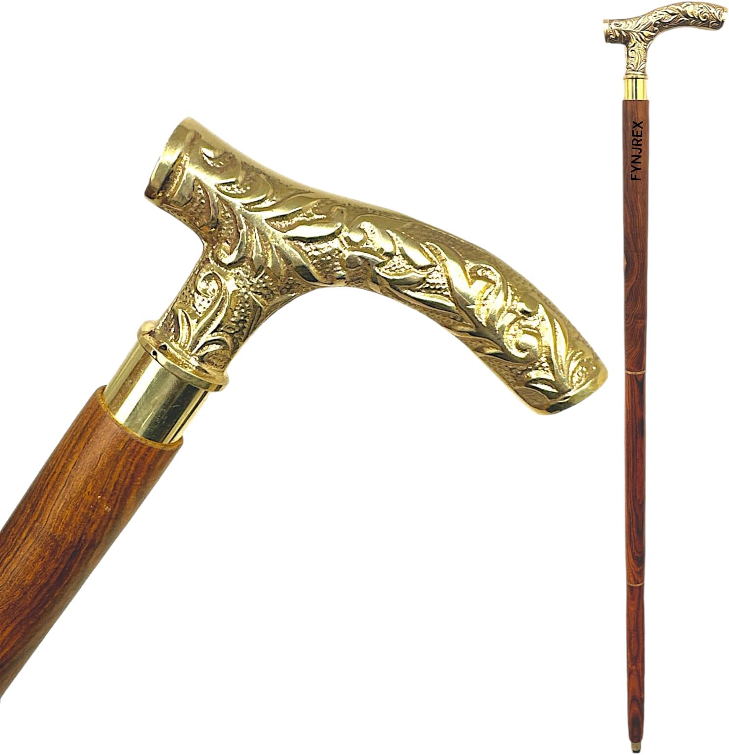 Vintage Walking Cane with Brass Handle, Wooden Stick with T-Shape Derby Handle, Brown and Gold, Fancy Cane Gift for Men and Women