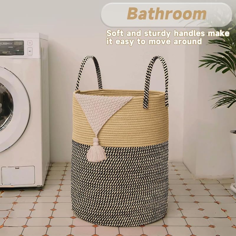 Image of Storage Rope Laundry Hamper Basket for Clothes, Towels and Blankets in Livingroom, Bedroom, Laundry Room and Basket for Nursery Storage (Size - 14 inch x 14 inch x 18 inch) (Black Beige Mix)