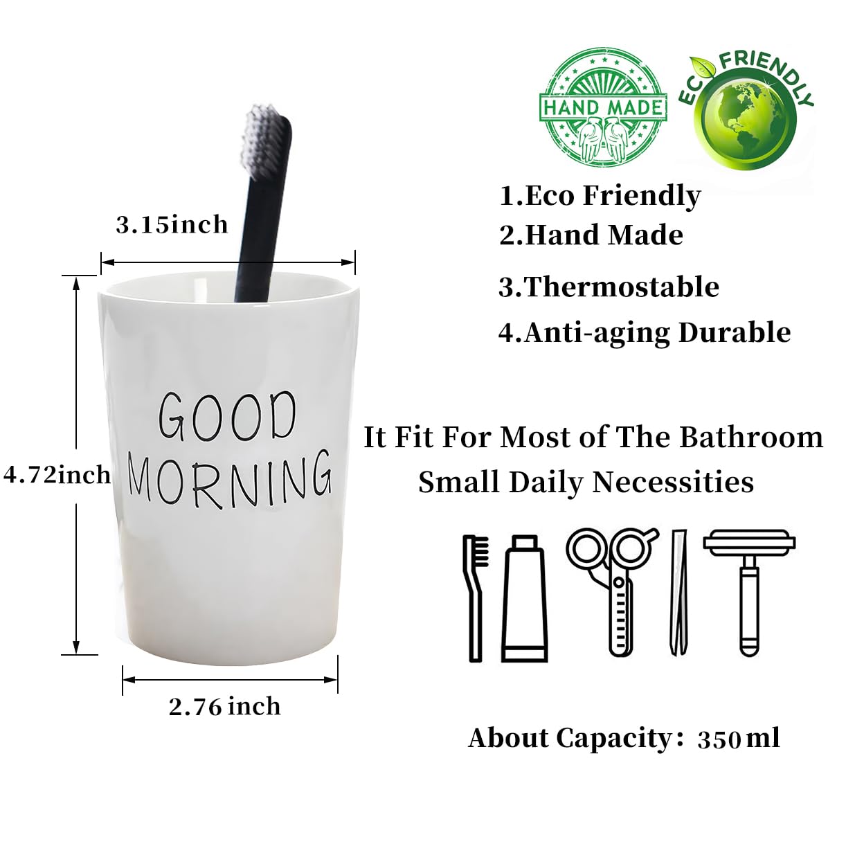 Kelake Vaso de cerámica blanca para baño, pasta de dientes, soporte para cepillo de dientes, agua, leche, bebidas, vaso de 350 ml, para baño, buenos días, parejas, taza para Navidad, cumpleaños