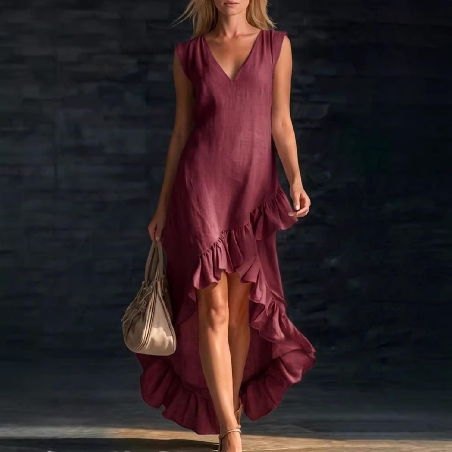 Aoleaky Women's V Neck Sleeveless Linen Maxi Dress, Casual Asymmetric Hem Dress