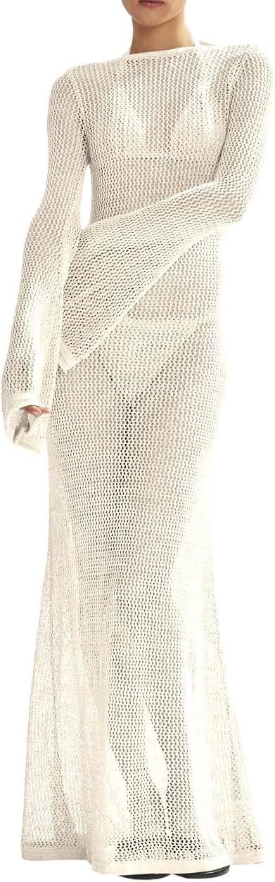Saodimallsu Womens Crochet Cover Ups Long Sleeve Sexy Mesh Backless Knit Swimsuit Coverup Beach Maxi Dress
