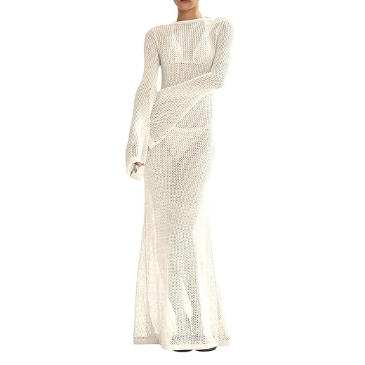 Saodimallsu Womens Crochet Cover Ups Long Sleeve Sexy Mesh Backless Knit Swimsuit Coverup Beach Maxi Dress