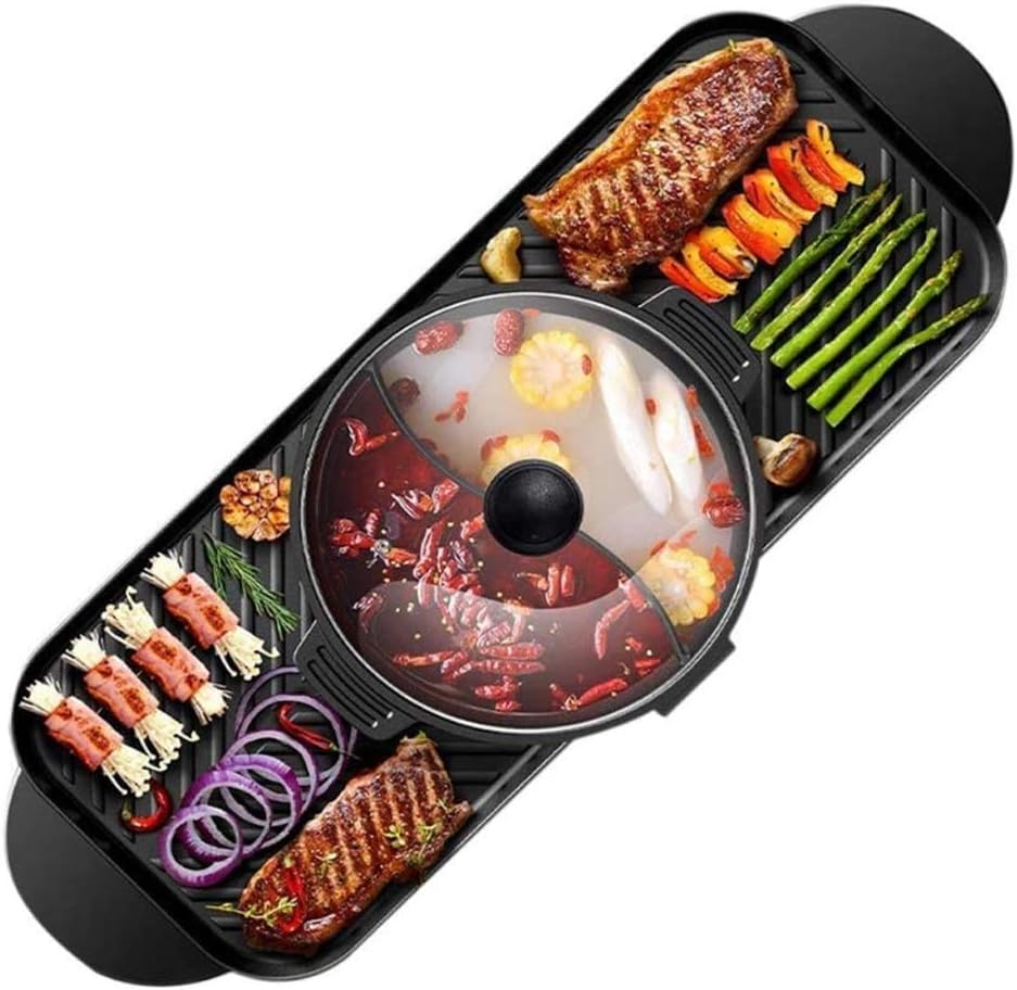 Smokeless Electric Baking Pan Non-stick Barbecue Machine, Hot Pot Integrated with Visible Tempered Glass Lid