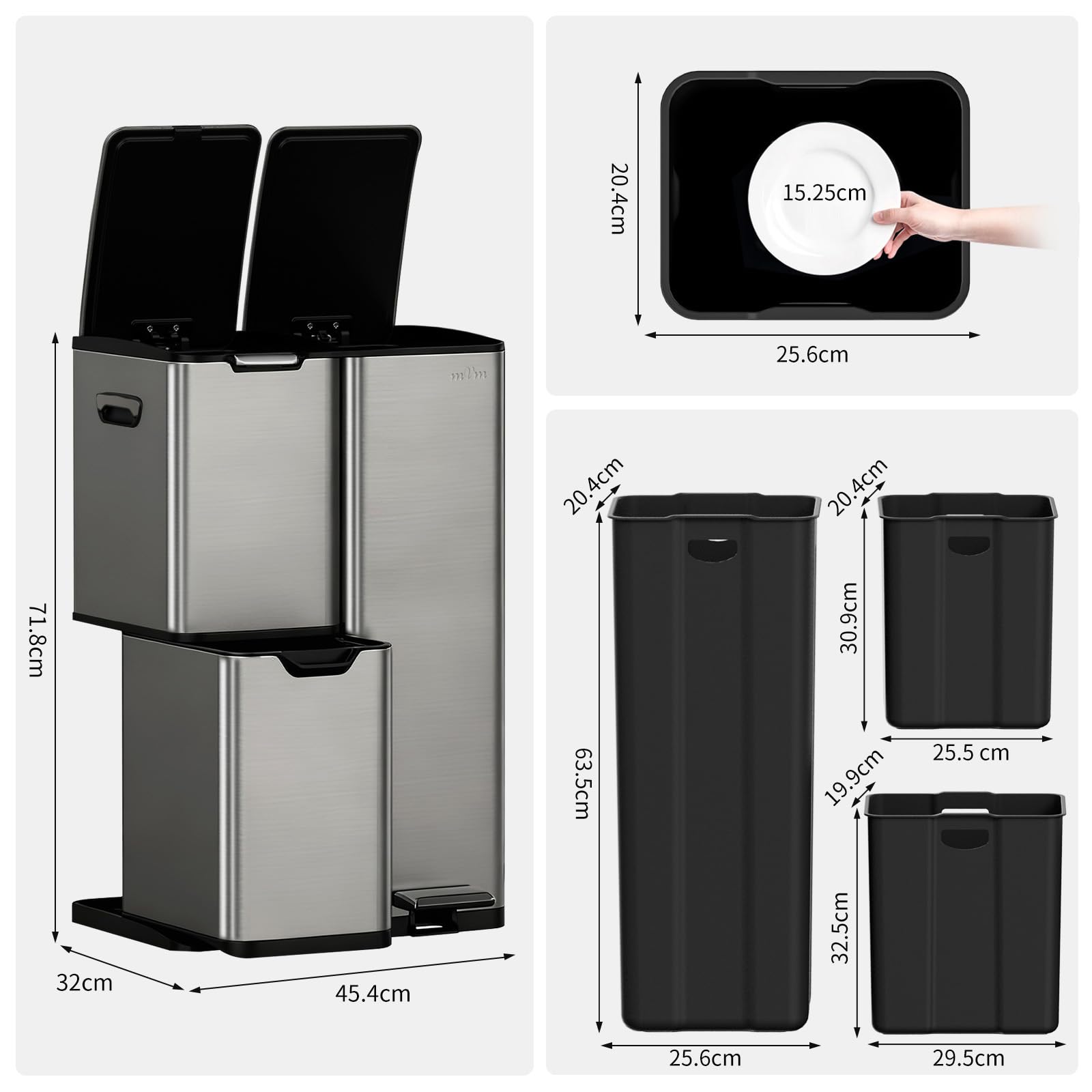 mVm Cubo de Basura Cocina de Acero Inoxidable, 3 Compartimentos 60L con Tapa de Cierre Suave, Contenedor Multifuncional para Separación de Residuos en Casa u Oficina, Gris