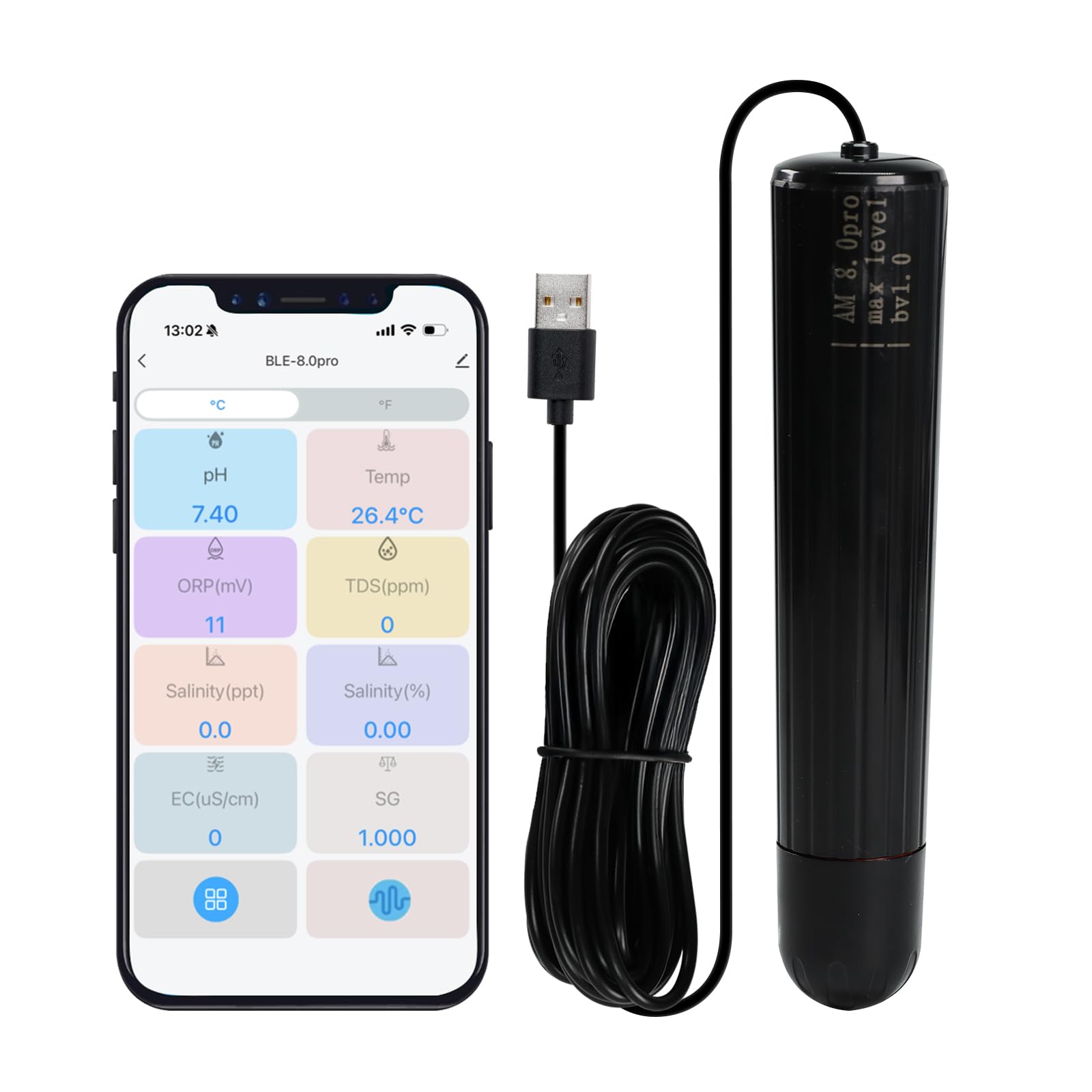 Probador de calidad del agua 7 en 1 WiFi sonda de acuario monitor de agua para pH, temperatura, TDS, salinidad, EC, ORP, S.G con alertas en tiempo real a través de la aplicación para peceras