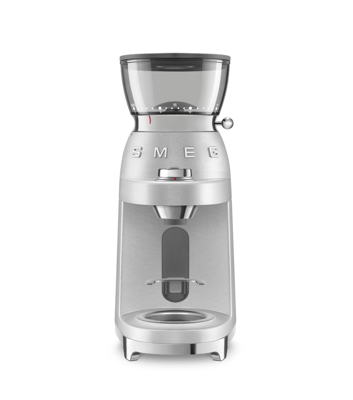 Smeg, Moulin à Café CGF02SSEU, Mouture Réglable, 50 Niveaux de Mouture, Réservoir à Grains de café 240g, Fonction Café Simple et Double, Système Antistatique, 150W, Aluminium Brossé