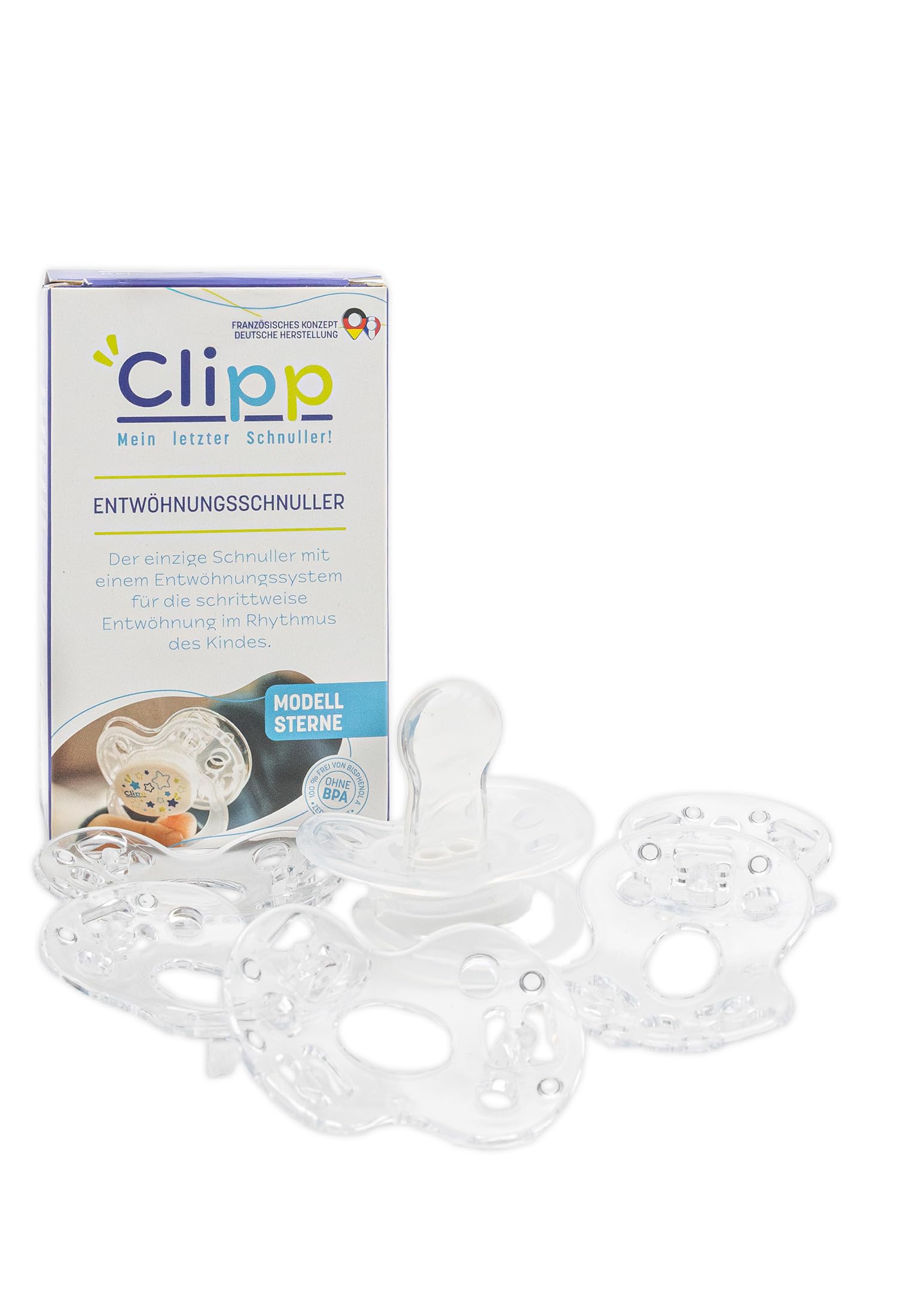 CLIPP - Clipp-Set, Schnuller-Entwöhnungsschnuller - Leuchtender Stern - 5 Ringe für schrittweises Abgewöhnen - Sanfte und einfache Schnullerentwöhnung in Phasen - Ab 2 Jahren