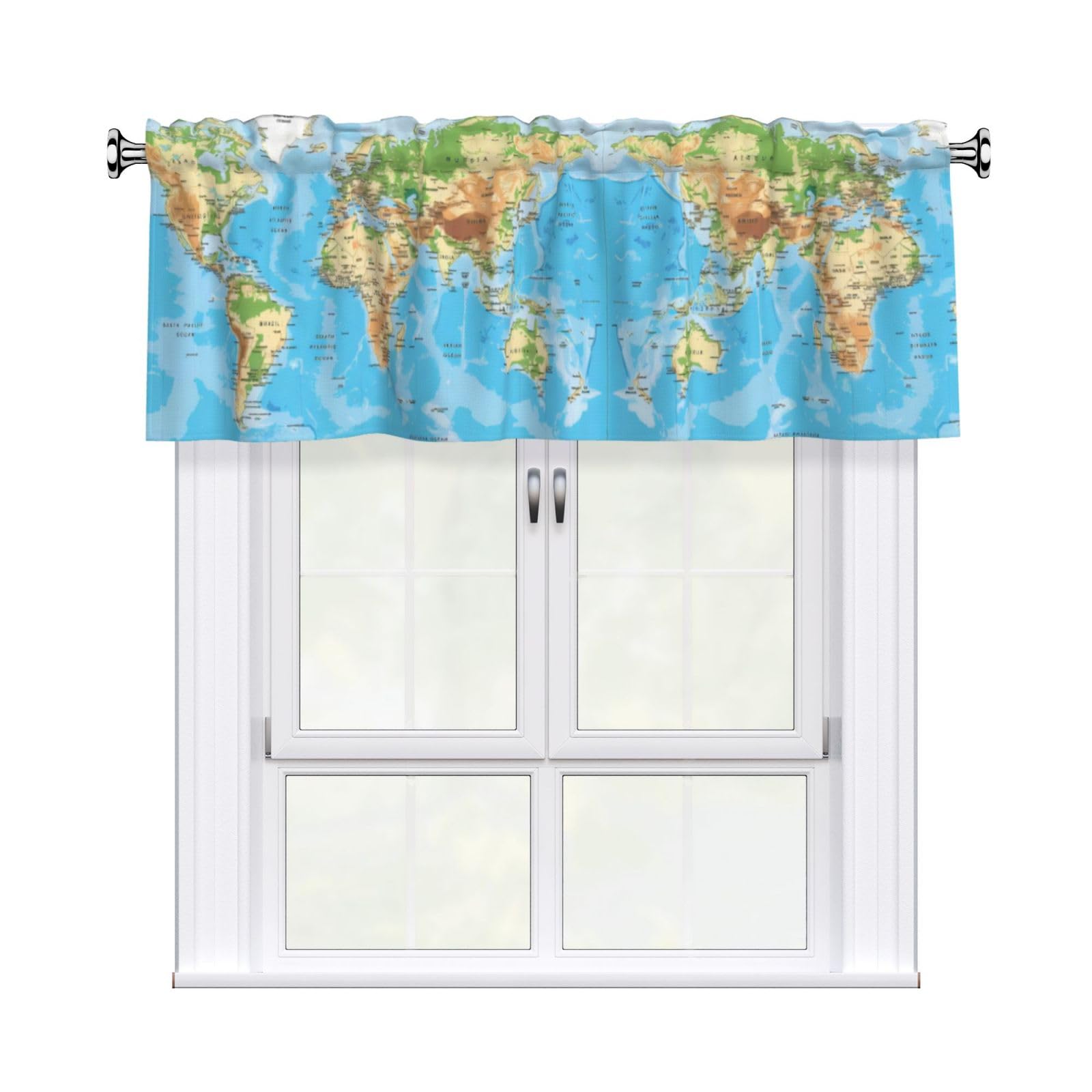 WHJSHOP World Map Prints Curtain Valance 54x18 Inch - Peach Skin Window Layer with Delicate Print, Filtered Light for Kitchen Use