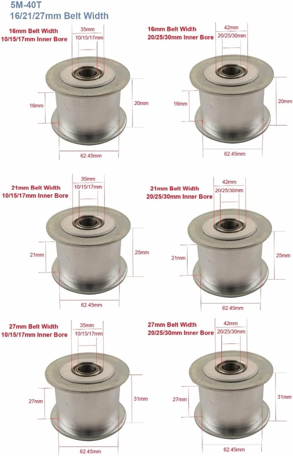 5M 40T Idler Pulley Without Teeth 16/21/27mm Belt Width Idle Pulley 10/15/17/20/25/30mm Bore Bearing Wheel(25mm,16mm)