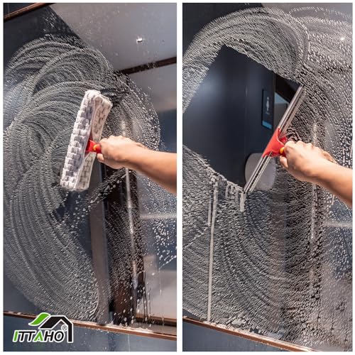 Image of Squeegee for Window Cleaning, 12 inch Squeegee and 11 inch Microfiber Scrubber Combi with Stainless Steel Pole, Extendable Window Cleaner for Car, Sliding Door, Shower Glass Door-Swivel Style-2 Pads