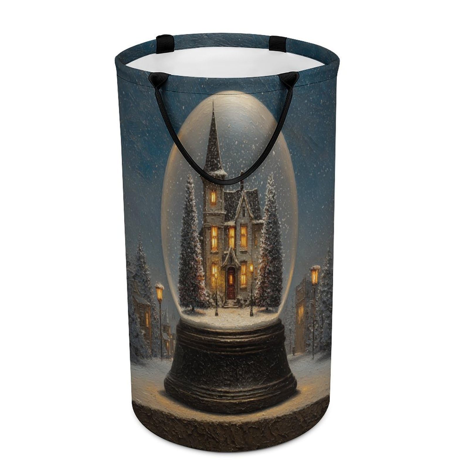 LUYYSKY Vintage Abstract Log Cabin Collapsible Dirty Clothes Basket, Retro Oil Painting Winter Landscape Snowflake Pine Trees Portable Clothes Storage Laundry Basket-40 CM Dia, 69 CM High