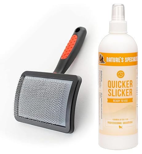 Paw Brothers Grooming Tool and Nature's Specialties Conditioning Spray Bundle - Soft Coated Pin Curved Slicker Brush, Small - Quicker Slicker Detangling and Conditioning Spray, Ready to Use, 16 oz