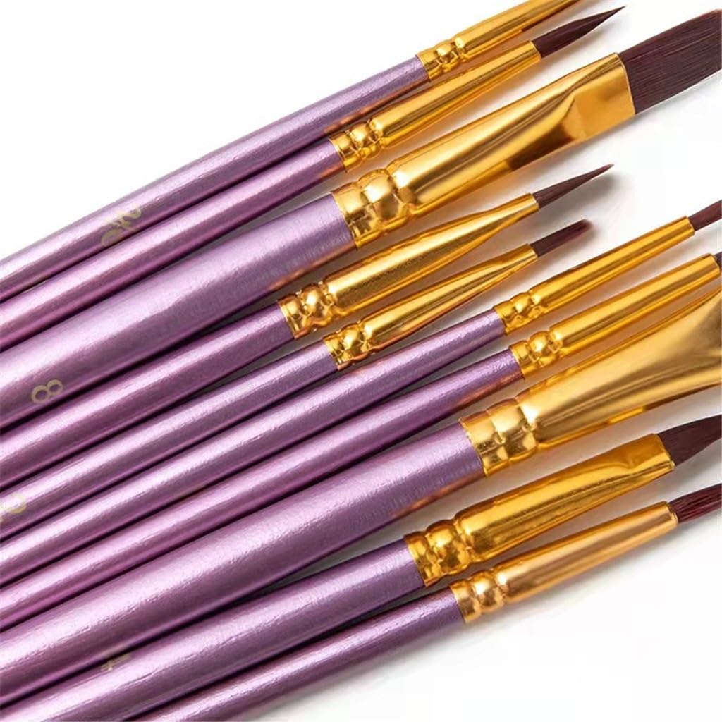 Pennello per Olio, 10 Set di pennelli per Pittura a guazzo, Graffiti, con Punta Piatta e Punta Rotonda, in Lana di Nylon, Asta in Legno, Viola