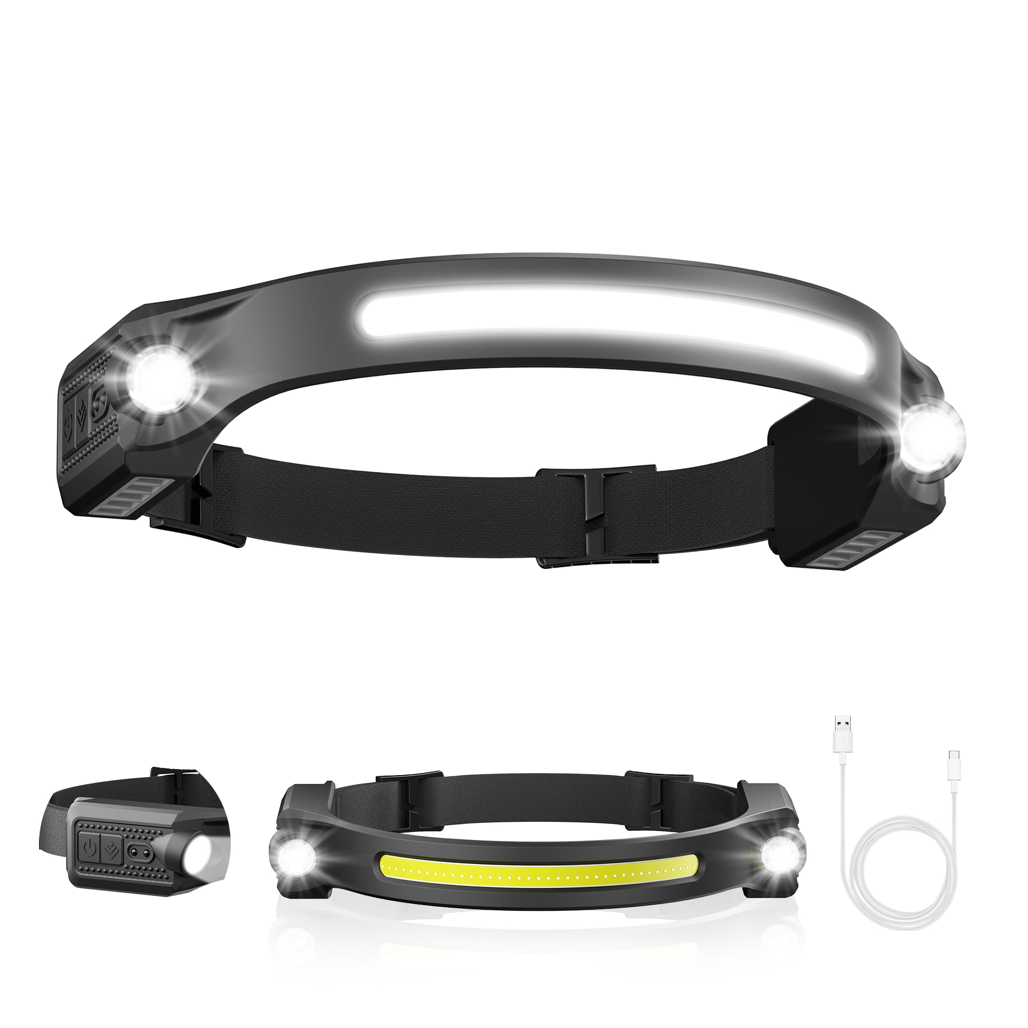 AlpsWolf LED-Stirnlampe, wiederaufladbar, 2 XPE-LED- und COB-LED-Stirnlampe, Sensormodus, 260° breiter Strahl, IPX4 wasserdicht, wiederaufladbarer Scheinwerfer für Campingzubehör (1 Stück)