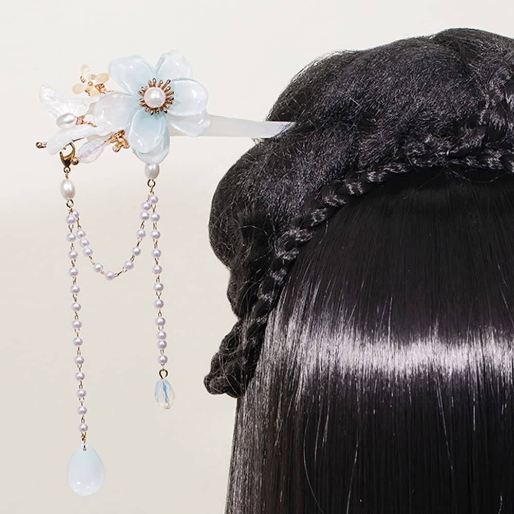 Fermaglio per capelli fatto a mano con fiori blu e perle, con farfalla, forcina per capelli in stile Hanfu cinese, stile retrò, con vetro fatto a mano, accessori per capelli lunghi per donne
