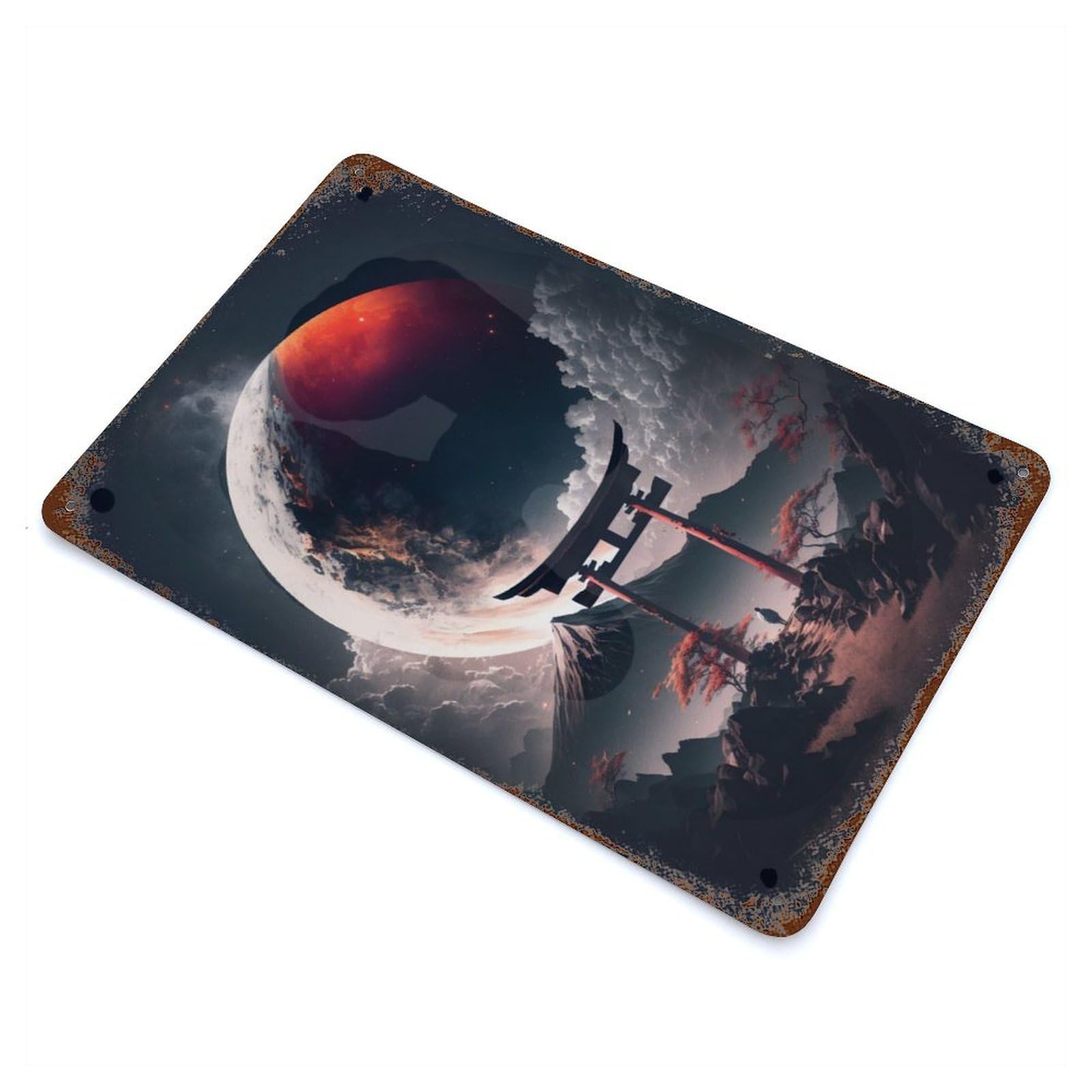 Planets in Fuji Mount Vintage Wall Sign 11.8"x7.9", Rust Effect Metal Decor for Office, Studio And Wall Decor