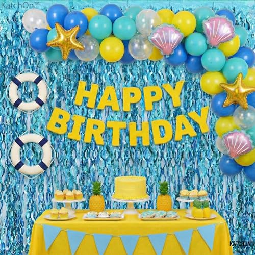 Image of Katchon, Xtralarge Wavy Blue Foil Fringe Curtain - Pack of 2 | Blue Streamers for Under The Sea Party Decorations | Foil Fringe Backdrop for Birthday, Cruise Door Decorations, Pool Party Decorations | Katchon, Xtralarge Wavy Blue Foil Fringe Curtain - Pack of 2