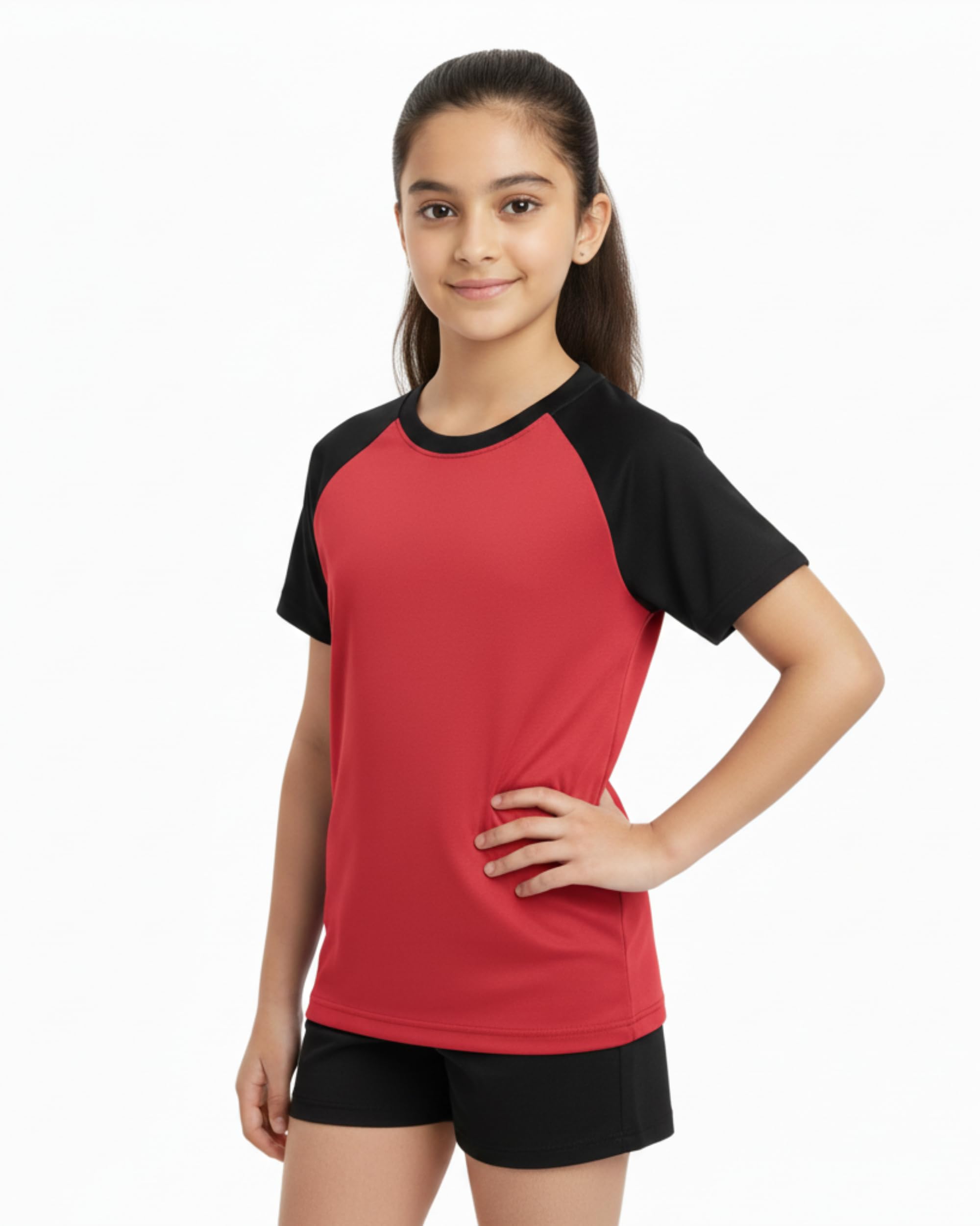 JUMPSLICE Girls Dry-Fit Sports T-Shirt | Quick-Dry Moisture-Wicking Raglan Half Sleeve Activewear for Kids 4-15 Yrs | Lightweight for Outdoor & Gym (in, Age, 14 Years, 15 Years, Regular, Red) 1