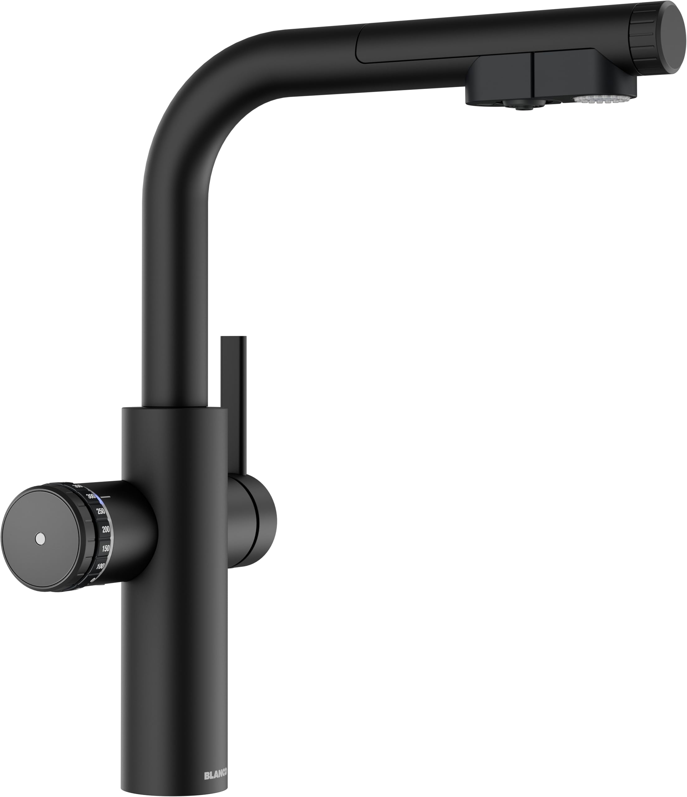 BLANCO CHOICE Icona-L armatura kuchenna all-in-one ze stali nierdzewnej, czarna, matowa, bez jednostki uzdatniania wody CHOICE.ALL | schłodzona woda w stanie niegazowanym, średnim, gazowana i gorąca |