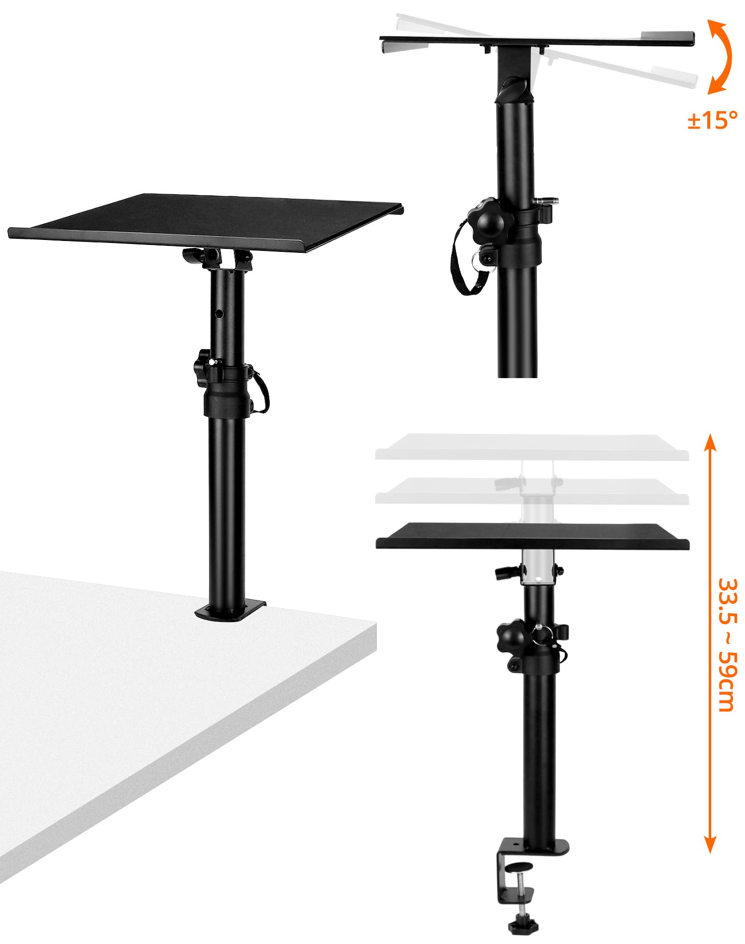 QWORK® Stojak na biurko głośnikowy, kąt nachylenia +/-15°, regulowana wysokość 35-59 cm, nośność 30 kg, czarny