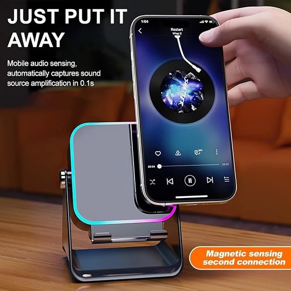 Wireless Induction Speaker, 5-in-1 Bluetooth Speaker With Phone Stand, Audio Station with Light, 360° Adjustable Holder for Tablet Phone