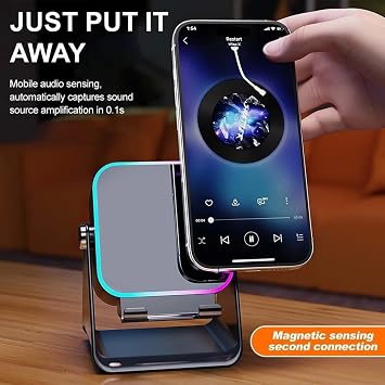 Wireless Induction Speaker, 5-in-1 Bluetooth Speaker With Phone Stand, Audio Station with Light, 360° Adjustable Holder for Tablet Phone