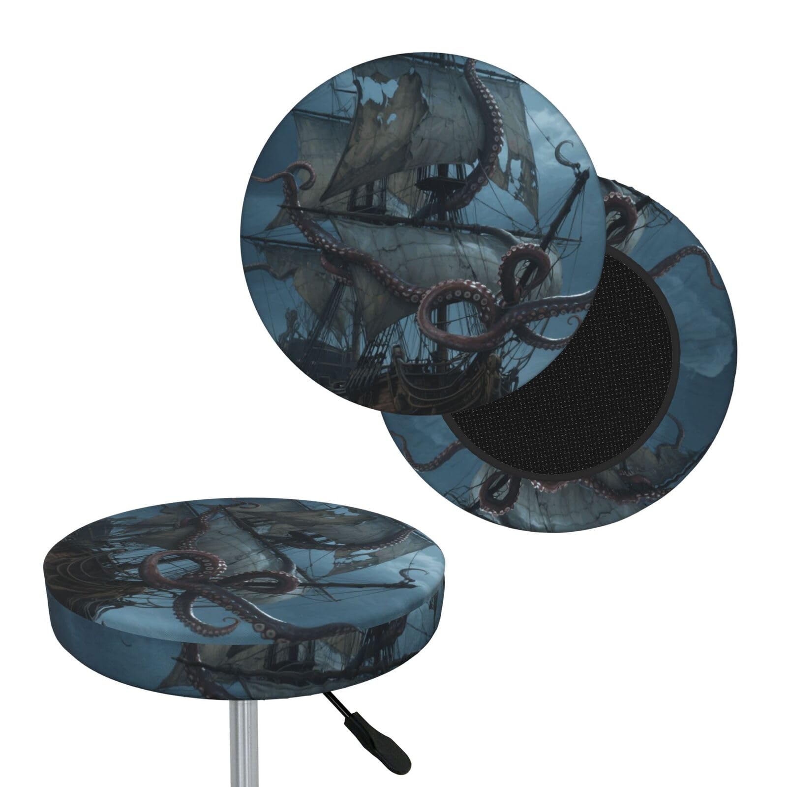 FekiLoot Octopus Kraken Pirate Ship Ocean Round Bar Stool Covers Stretch Washable Bar Stool Covers Dustproof Slipcover Bar Chair Covers with Elastic Band for Bar Kitchen Living Room Decor 13 Inch