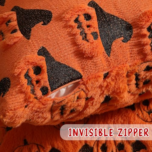 Halloween Decorations Set of 2 Double-Sided Halloween Pillow Covers 18" x 18", with 2 Different Looks, Pumpkin Bat & Pumpkin with Hat, Plush Faux Fur Throw Pillow Covers for Home Decor