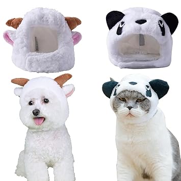 2 Pack Panda Wig Costume for Cat Costume Sheep Hat Headwear with Ears Cosplay Dress up Halloween Party Costume Accessories for Cats & Small Dogs (Panda/Sheep)