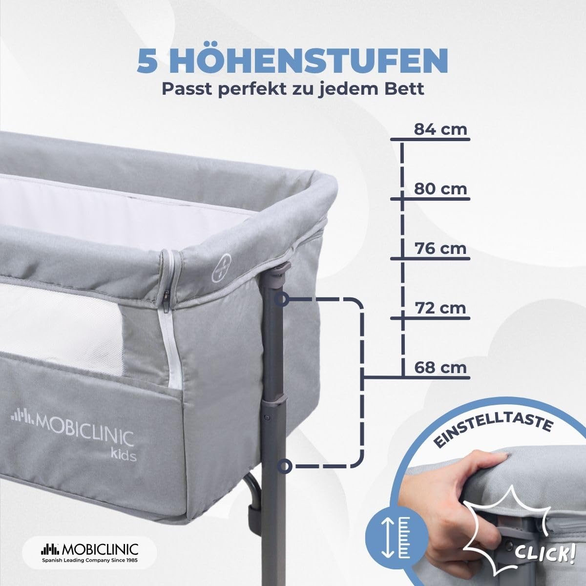 Mobiclinic Beistellbett Baby 2 in 1 mit Bettbefestigungssystem, 5-stufig verstellbar, inklusive Räder