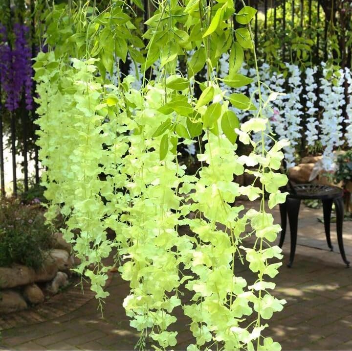 Image of 6 Pcs Artificial Polyester Hanging Flower Wisteria Vines Fake Flowers Vines for Home Party Wedding Garden Outdoor Greenery Decoration (6, Green)