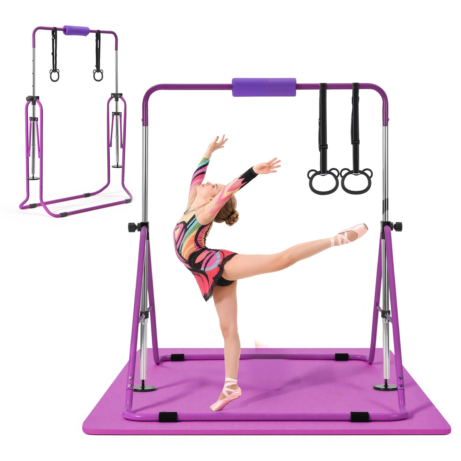VEVOR Barra da Ginnastica per Bambini, Barra da Ginnastica Carico 63,5 kg Struttura Pieghevole con Tappetino Altezza Regolabile Allenamento Esercizio a Casa, Acciaio al Carbonio Nylon, Colore Viola