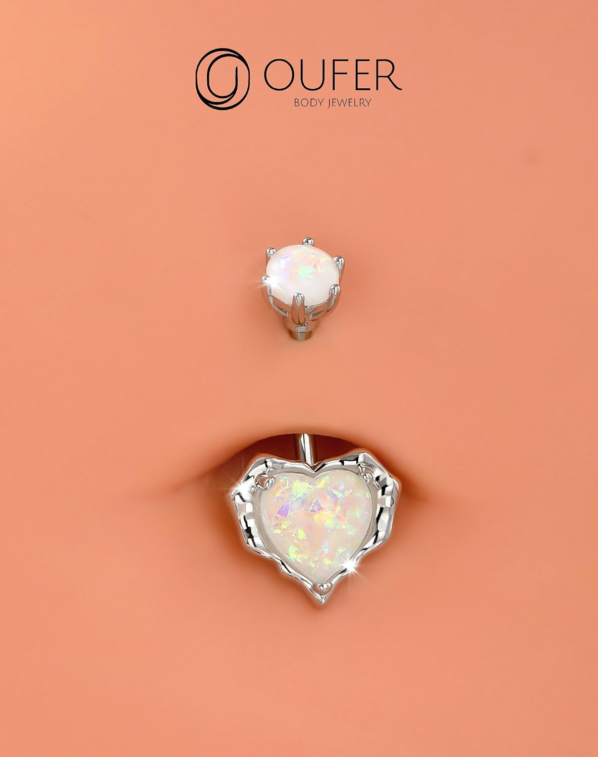 OUFER Belly Button Rings, 14G Heart Belly Piercing Jewelry, Pave Heart Opal Belly Rings, 316L Surgical Steel Navel Piercing Jewelry For Women Men