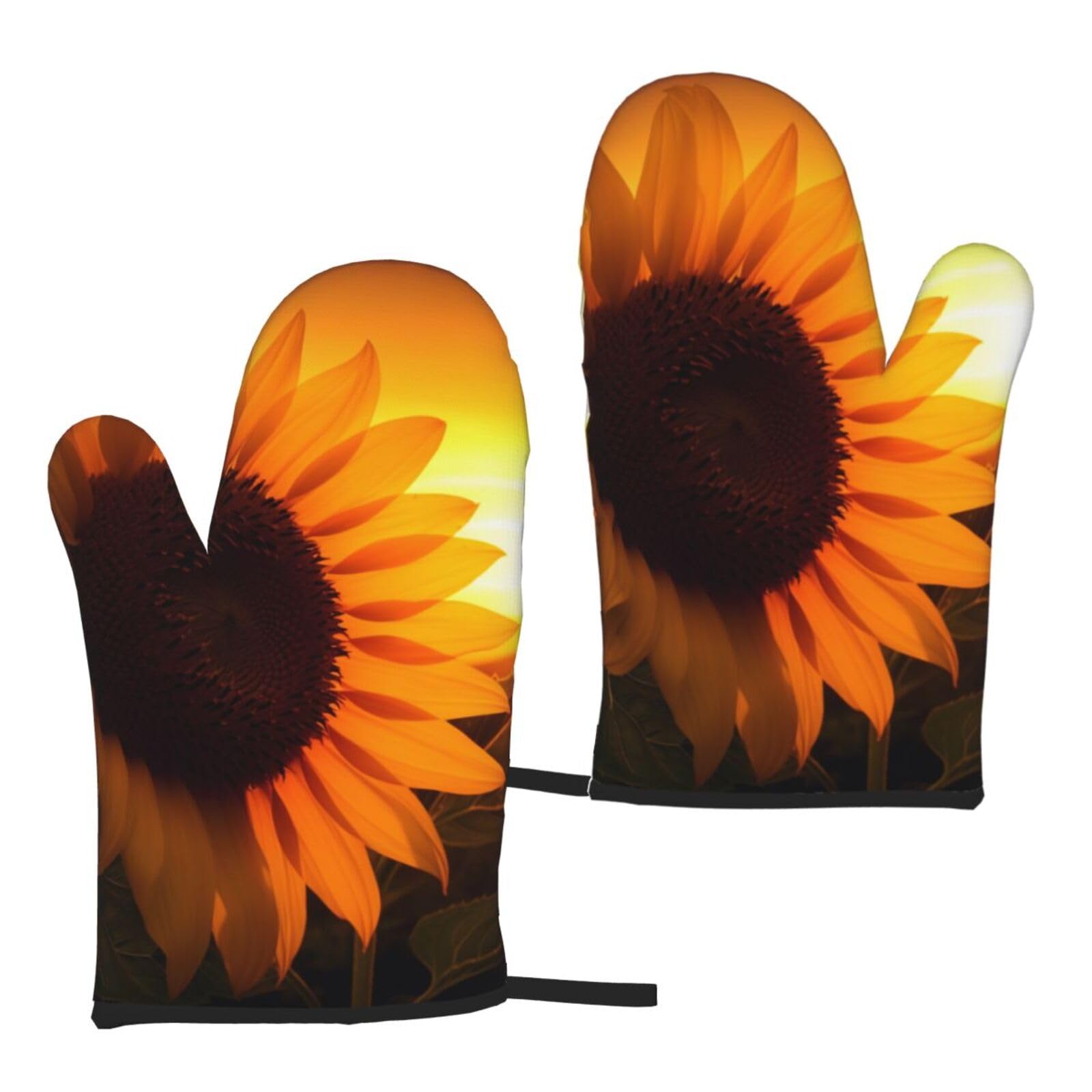 Sunflower and sunset Printed Oven Mitts Sets 2 PCS Heat Resistant and Non-Slip Glove Potholder for Kitchen Cooking Baking Grilling