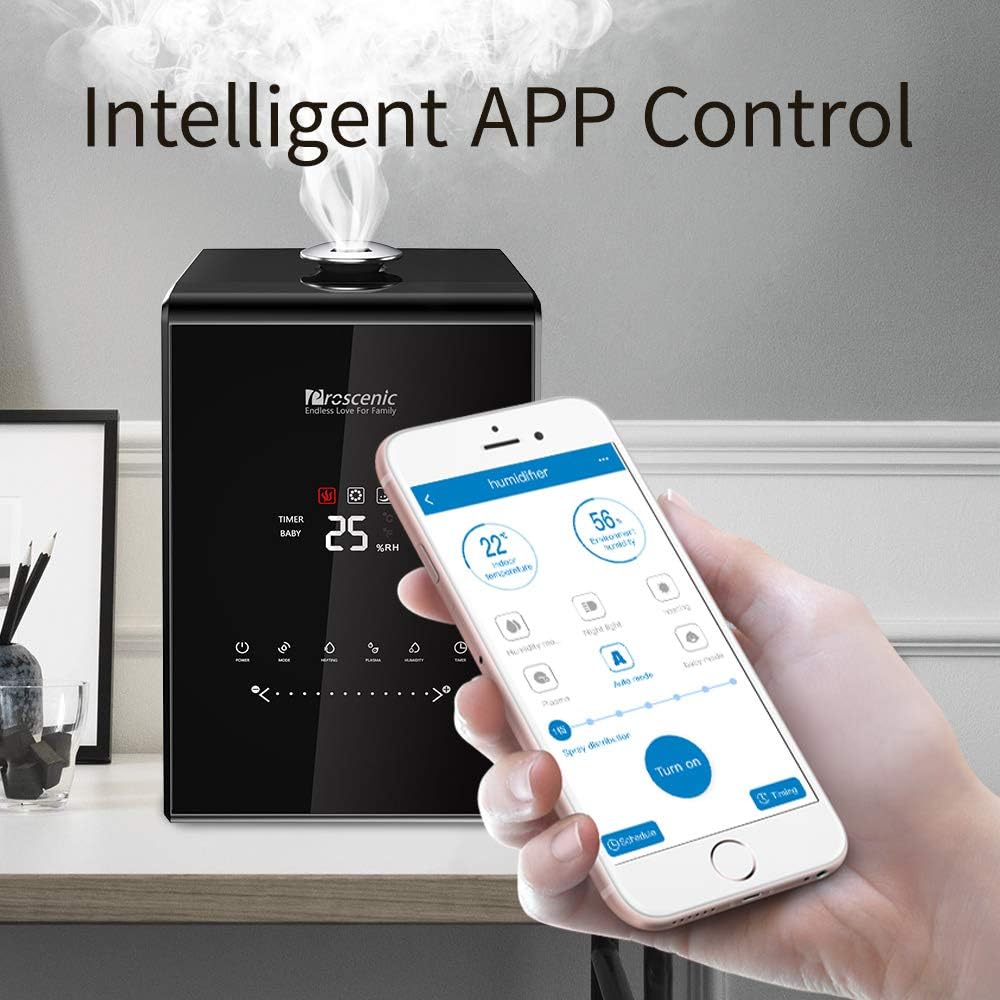 Proscenic 807C Humidifier with its digital display and touch control buttons, showing current humidity and mist level.